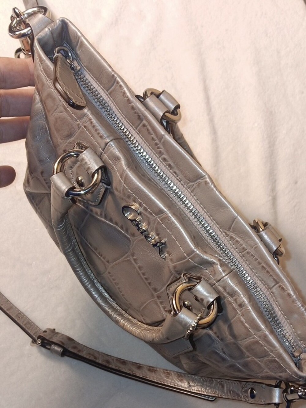 Coach Ashley Metallic Croc-Embossed Mini Tote Bag (F20344) in Silver - Picture 12 of 16